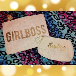 Bundle of 2 Off White & Gold 'Girl Boss'& 'Flawless' Cosmetic Bags